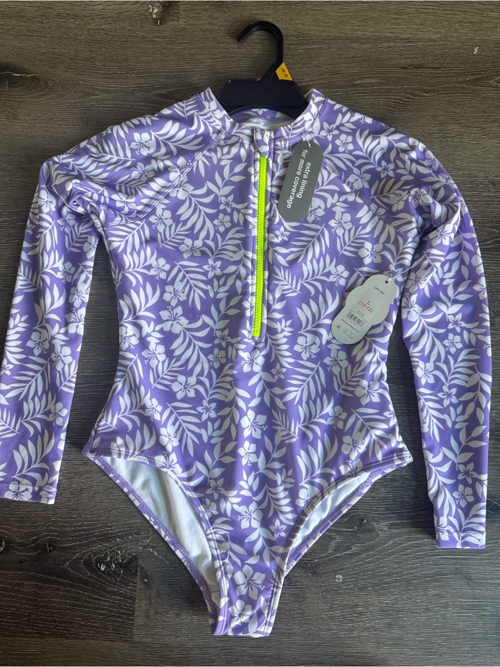 wonder nation Girls' Purple & White Floral Long-Sleeve Rashguard One-Piece